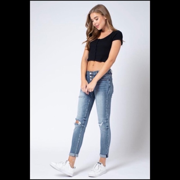 New! Kancan Girlfriend distressed Button Up Denim Jean - Picture 4 of 8